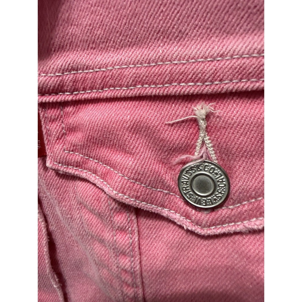 Levis Jeans Womens Medium Pink Distressed Cropped Denim Trucker Jacket WPL-423 - Picture 4 of 9